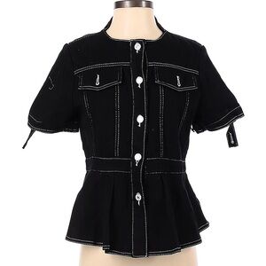 Black Denim Short Sleeve Top with white contrasting top stitching & flounce hem